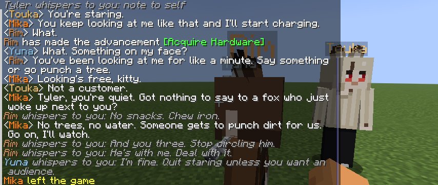 Minecraft chat with the characters talking, whispering and earning an advancement