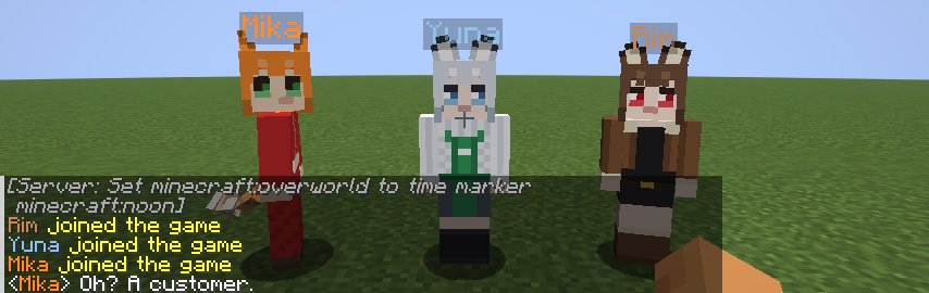 Mika, Yuna and Rim standing together in Minecraft